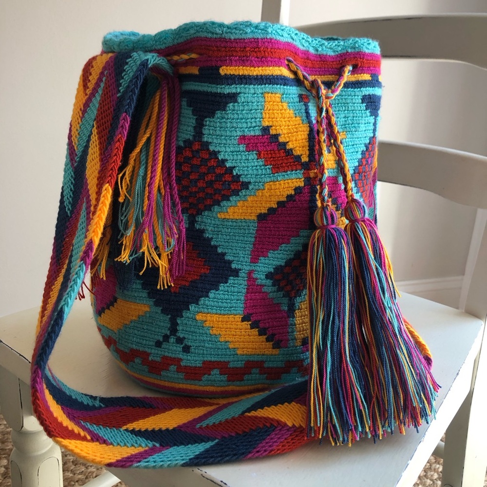 New: Wayuu Mochila Tasseled Cotton Drawstring Bucket Bag - Picture 3 of 12